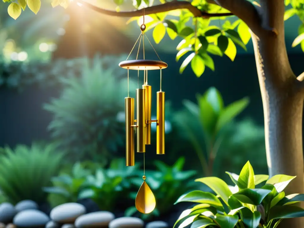 Feng Shui campanas de viento móviles en jardín tranquilo, iluminadas por suave luz entre el follaje