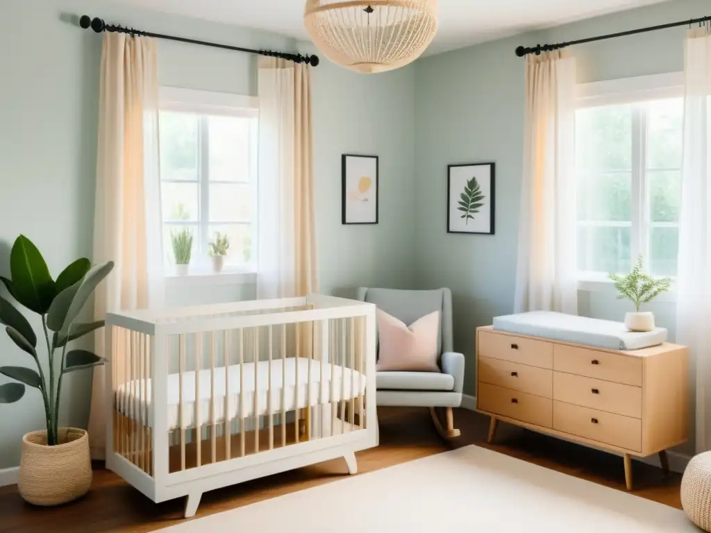 Feng Shui para fortalecer vínculo maternoinfantil en una serena y minimalista habitación de bebé, con tonos suaves y luz natural