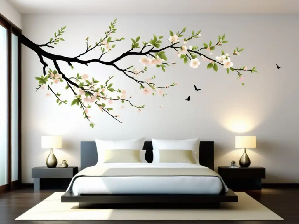 Feng Shui vinilos decorativos hogar: Vinilo minimalista de un cerezo en flor en tonos suaves, creando una atmósfera serena y calmante en la pared blanca