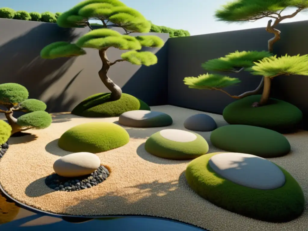 Diseño jardín Feng Shui realidad virtual: Un oasis sereno con rocas, estanque y bonsáis, bañado por la luz del sol