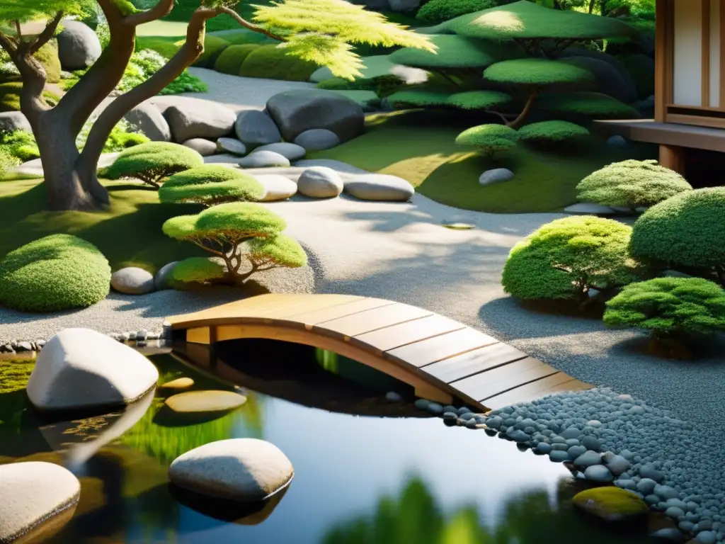 Diseño jardín Feng Shui realidad virtual: Jardín rocoso japonés sereno con gravilla y piedras, vegetación exuberante y puente de madera al fondo