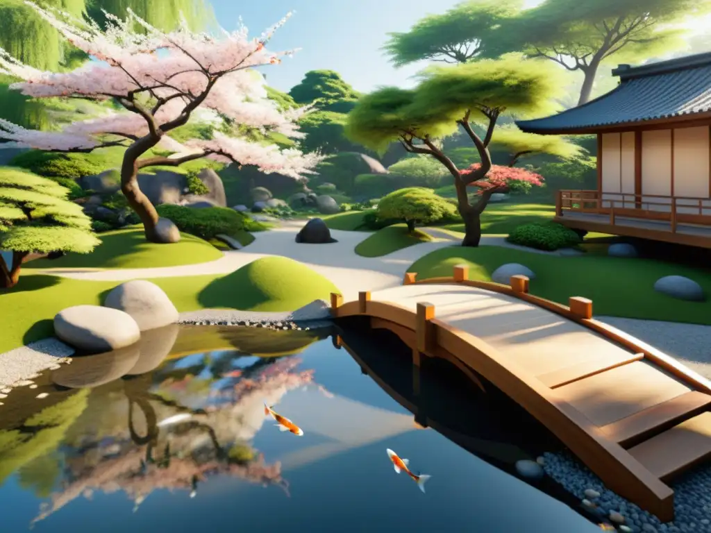 Un jardín japonés virtual sereno con diseño minimalista, ideal para promover paz y relajación en el entorno de realidad virtual y feng shui