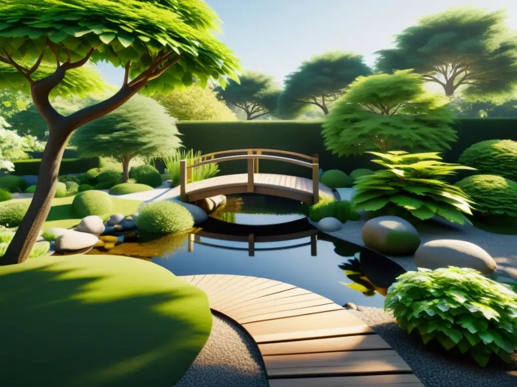 Diseño jardín Feng Shui realidad virtual: Sereno jardín virtual con estanque, rocas, vegetación balanceada y puente de madera