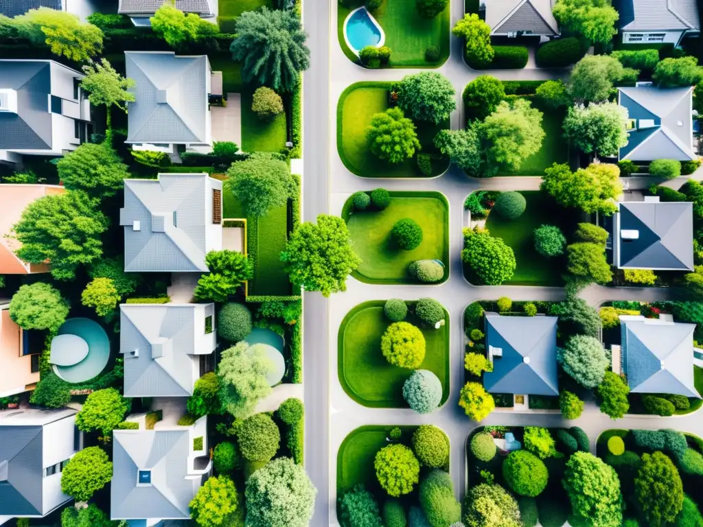 Armonía urbana: vecindario Feng Shui en equilibrio Vista aérea armoniosa de un barrio con Feng Shui, integrando edificios, espacios abiertos y elementos acuáticos en un diseño equilibrado y sereno