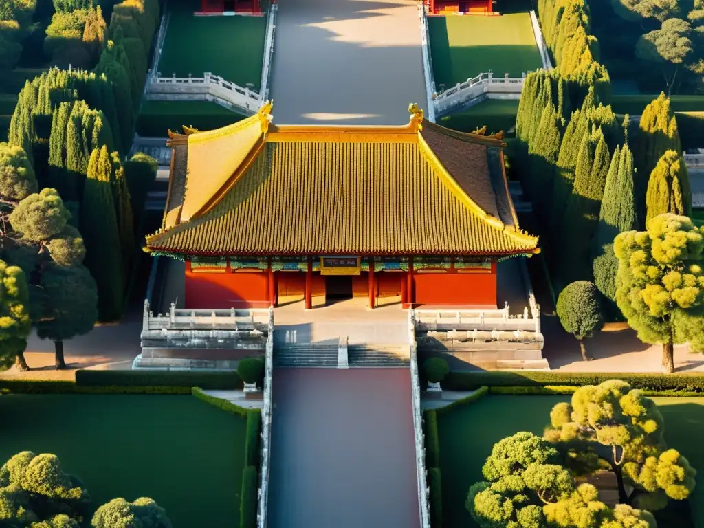 Vista aérea impresionante de la Ciudad Prohibida en Beijing, resaltando la influencia del Feng Shui en la arquitectura y jardines