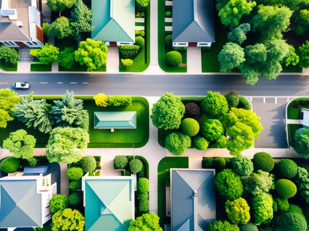 Barrio urbano armonioso con Feng Shui Vista aérea serena de un vecindario urbano bien organizado con elementos de Feng Shui