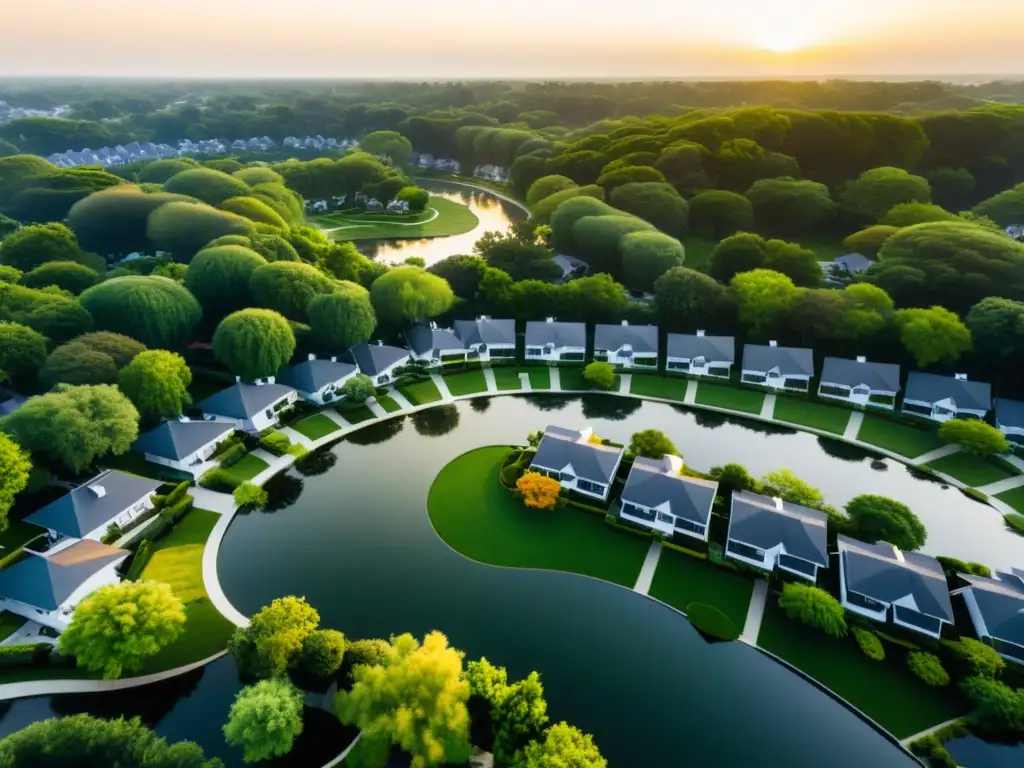 Barrio residencial sereno al atardecer Vista aérea tranquila y armoniosa de un vecindario residencial con calles sinuosas, rodeado de vegetación exuberante y estanques tranquilos
