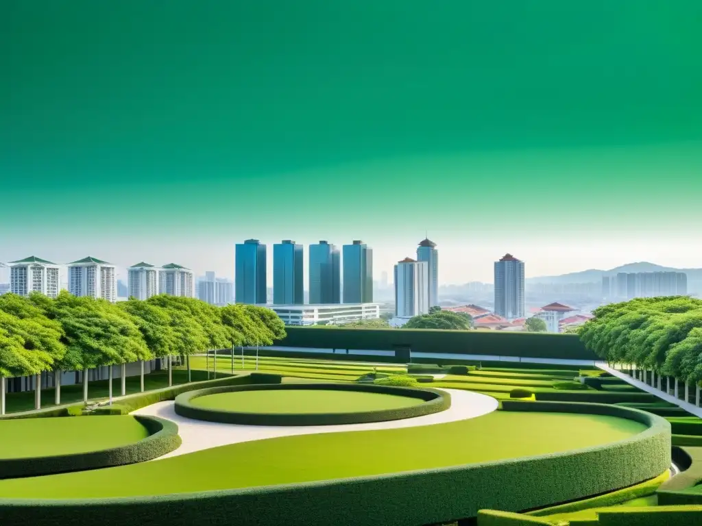 Vista armoniosa de la ciudad con equilibrio y fluidez, integrando Feng Shui en la planificación urbana