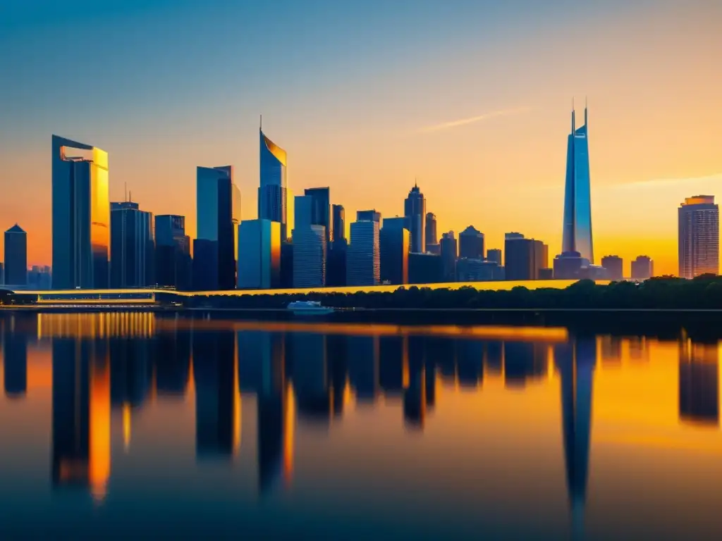 Vista de la ciudad futurista al atardecer con armonía y tranquilidad, siguiendo principios de Feng Shui en diseño ciudades inteligentes