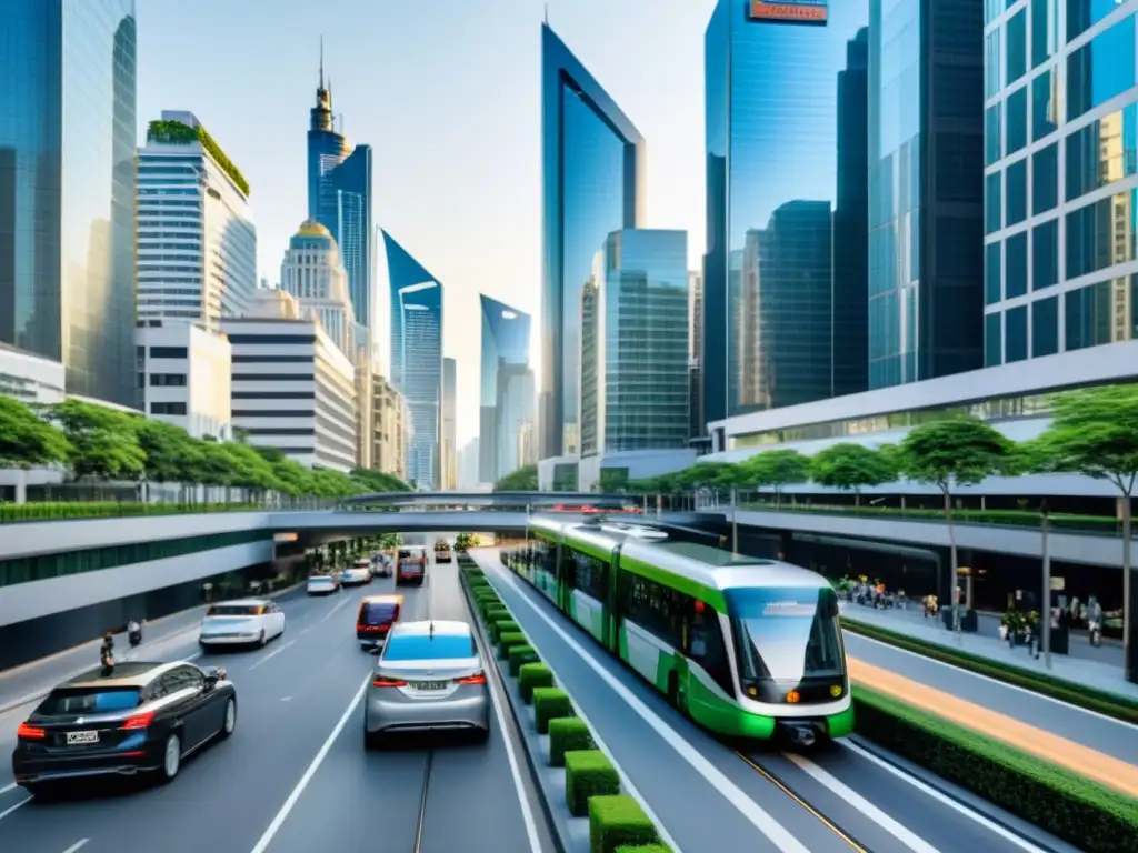 Vista de la ciudad con transporte público moderno y arquitectura minimalista, en armonía con el Feng Shui para la optimización de la movilidad urbana