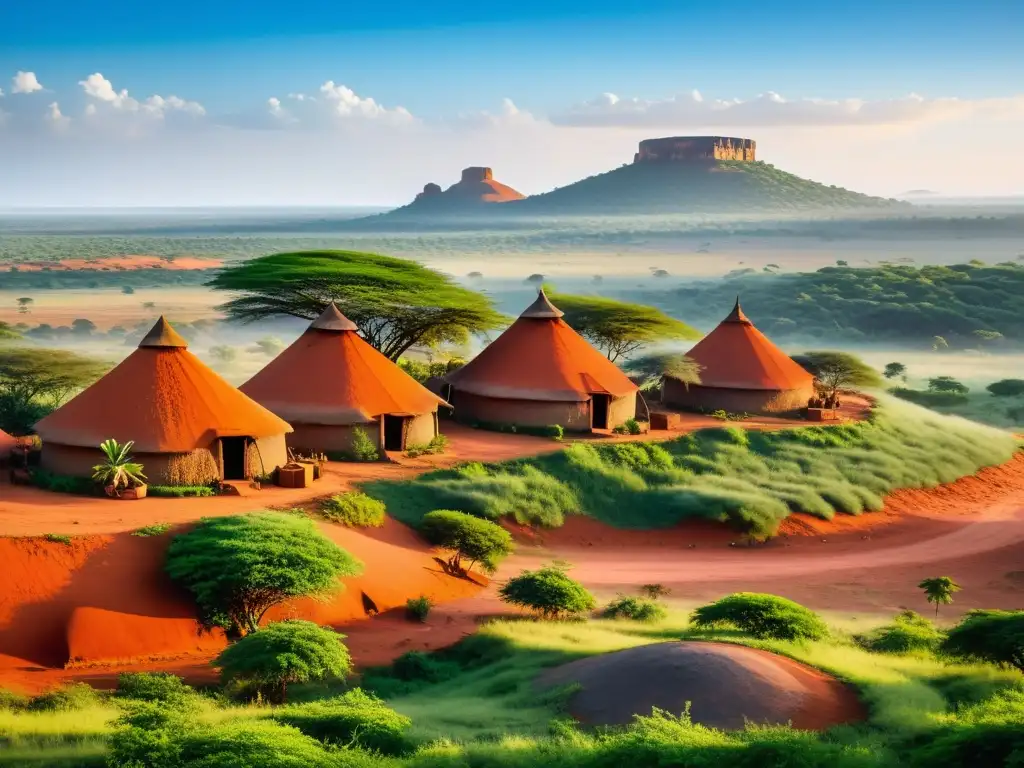 Vista impresionante de una aldea africana tradicional en la exuberante sabana, con chozas de arcilla roja y naranja y un cielo azul claro