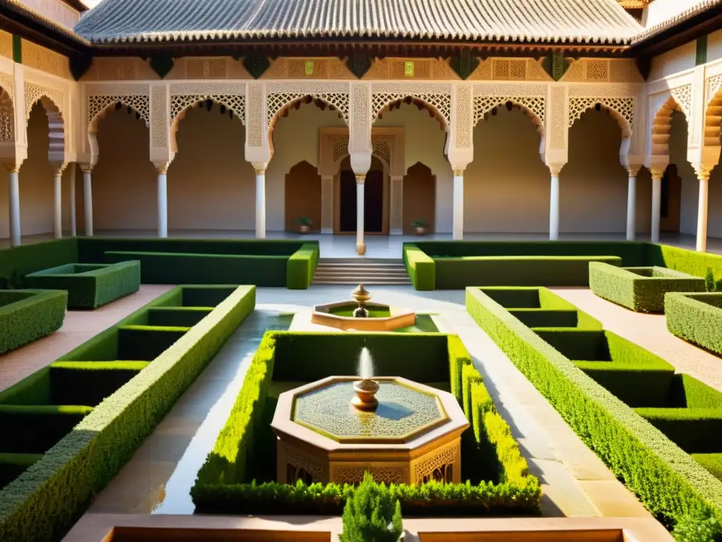 Vista impresionante del patio de la Alhambra con diseños geométricos, vegetación exuberante y arquitectura majestuosa