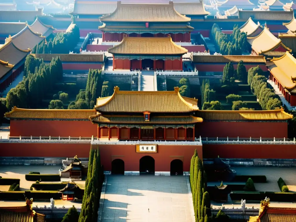 Vista de la majestuosa y simétrica Ciudad Prohibida de Beijing, resaltando la influencia del Feng Shui en su diseño y arquitectura tradicional china