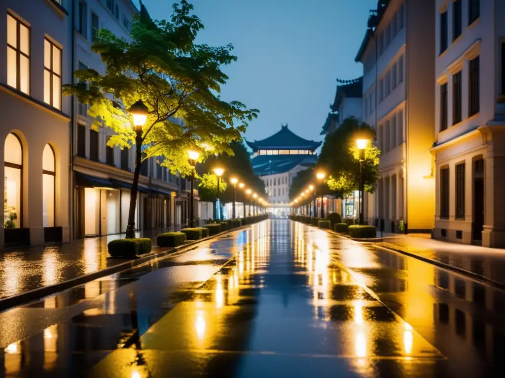 Vista nocturna de la ciudad con iluminación urbana Feng Shui acogedora, que crea un ambiente tranquilo y armonioso