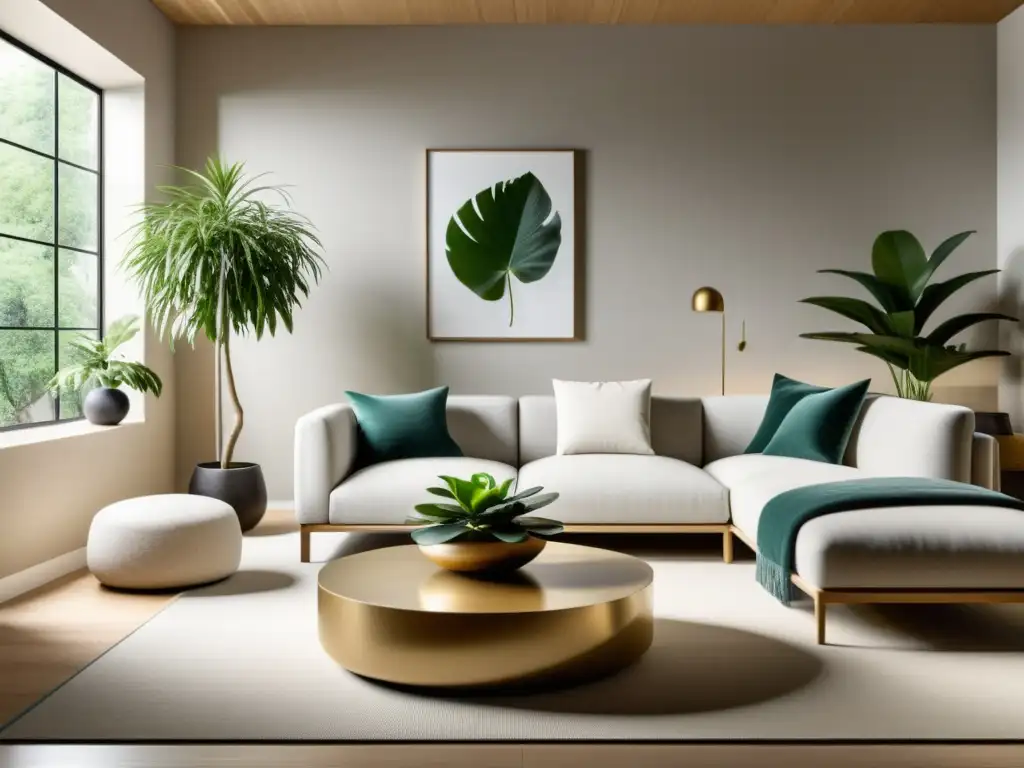 Vista de sala minimalista en armonía interior con elementos seleccionados según Feng Shui