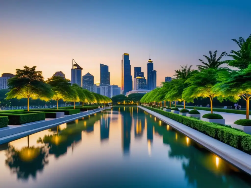 Horizonte urbano sereno al atardecer con diseño Feng Shui Vista serena de la ciudad al atardecer, con edificios modernos rodeados de vegetación exuberante y agua tranquila