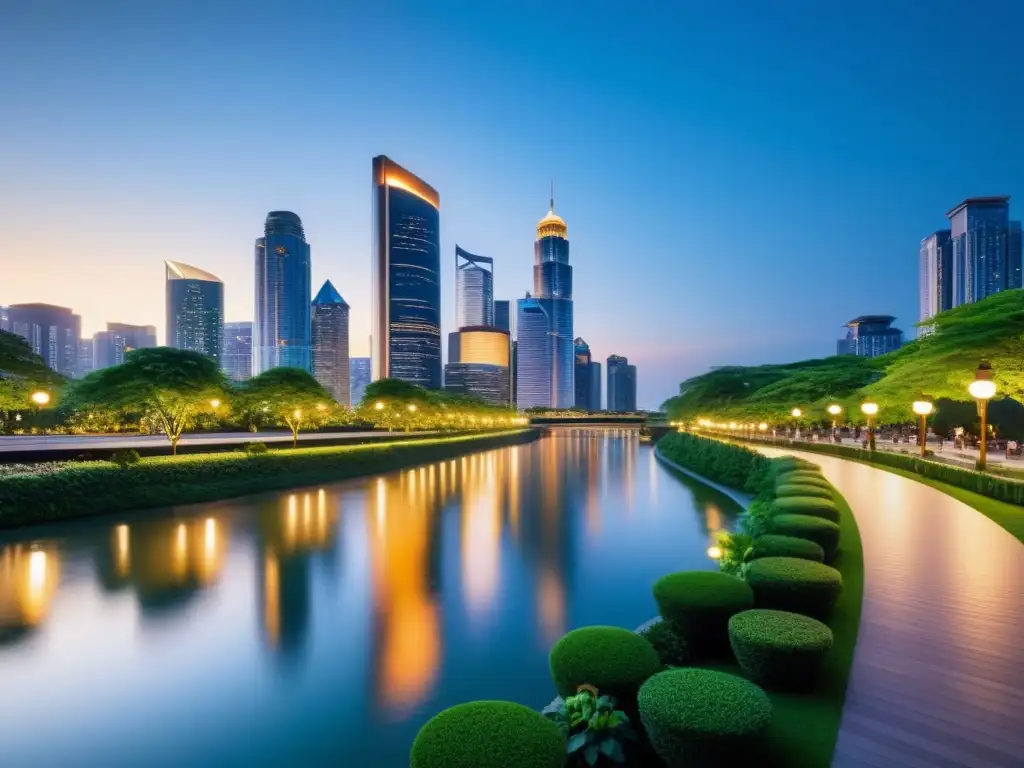 Vista serena de la ciudad al anochecer con rascacielos modernos y espacios verdes, reflejando el equilibrio del Feng Shui urbano para ciudades