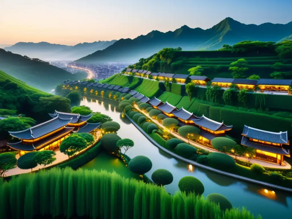 'Vista serena del paisaje urbano al atardecer con arquitectura integrada en la naturaleza, reflejos en el río y equilibrio