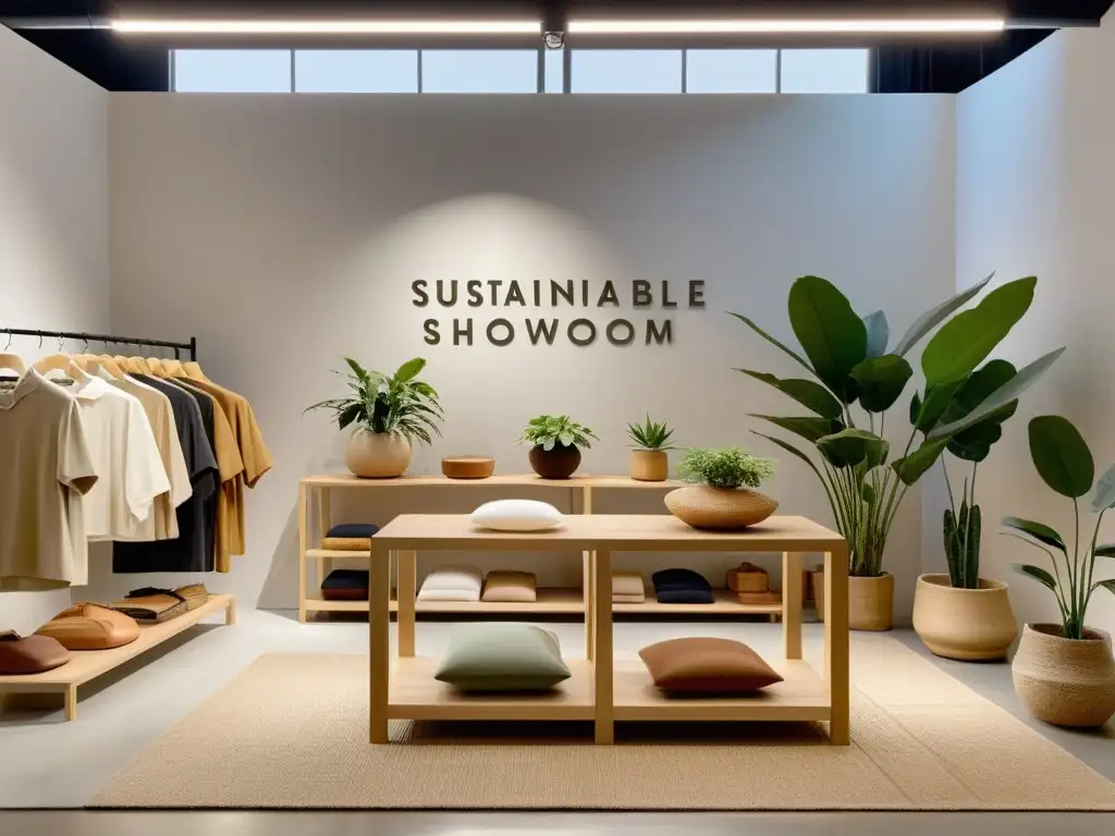 Vista sosegada de un showroom de moda ética y Feng Shui sostenible, con tonos terrosos y materiales naturales, transmitiendo equilibrio y armonía