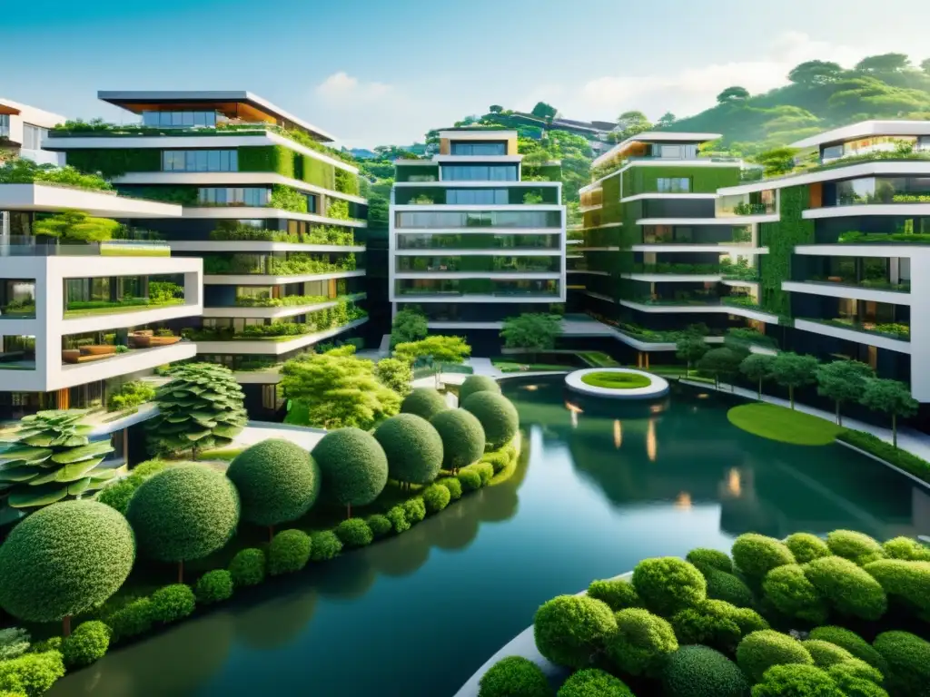 Vista urbana armoniosa con principios del Feng Shui en urbanismo, edificios modernos y espacios verdes cuidadosamente diseñados