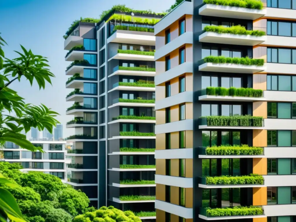 Vista urbana moderna con Feng Shui para reducir huella, integrando plantas en diseño sostenible urbano