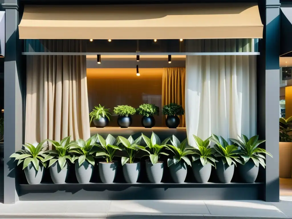 Vitrina armoniosa con principios de Feng Shui en escaparates, con plantas y decoración cuidadosamente colocada, creando una atmósfera de tranquilidad