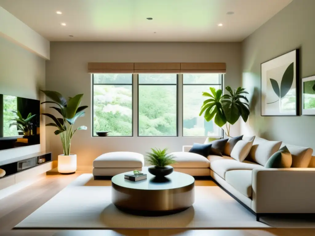 Viviendas inteligentes con feng shui: Sala minimalista con dispositivos integrados y diseño armonioso para promover la serenidad y el equilibrio