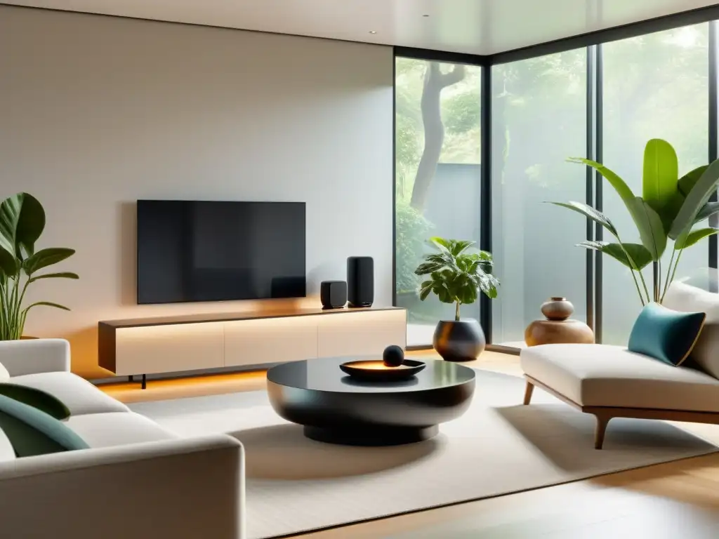 Viviendas inteligentes con feng shui: Sala minimalista con dispositivos integrados y diseño moderno en tonos neutros