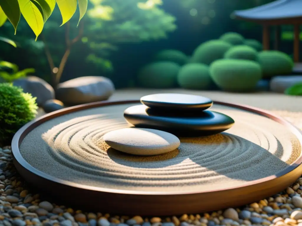 Un jardín zen equilibrado con grava cuidadosamente rastrillada, rocas estratégicamente colocadas y exuberante vegetación