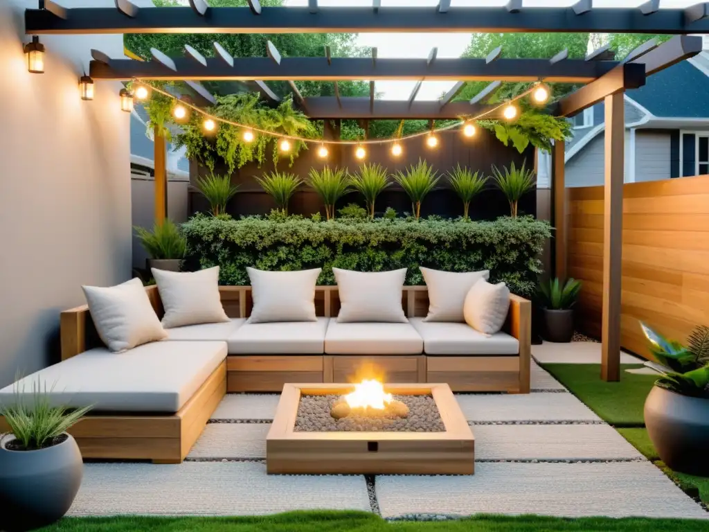 Zona de estar al aire libre con pérgola de madera, ambiente acogedor y vegetación exuberante para armonía familiar