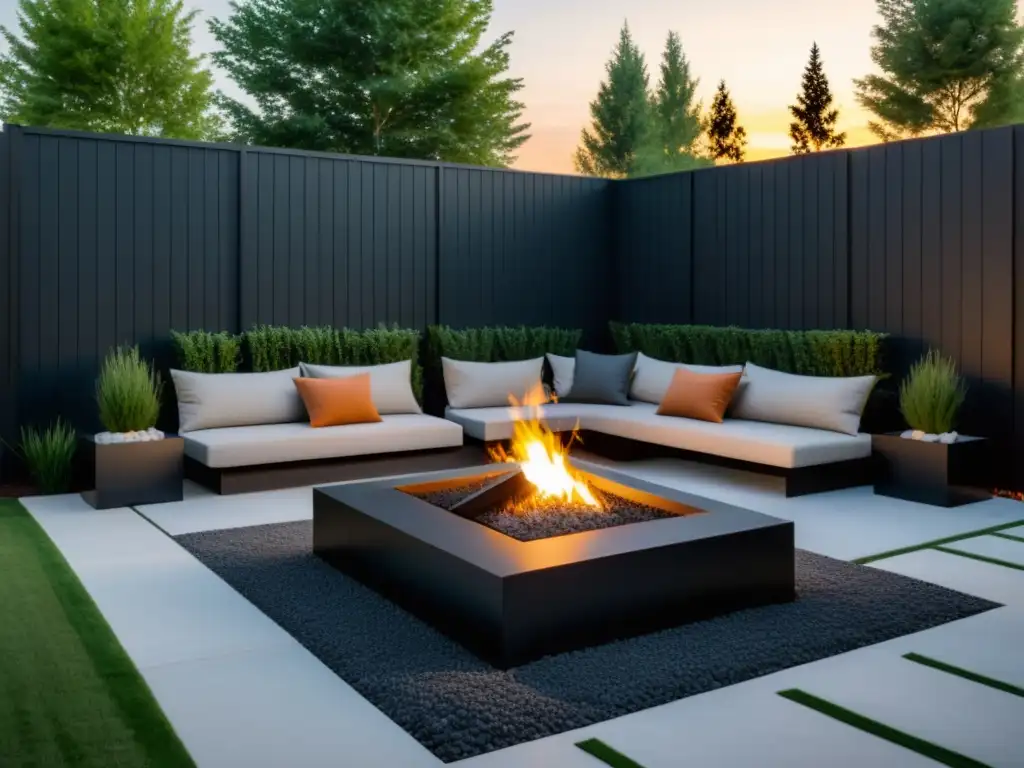 Feng Shui zona de fuego jardín con diseño moderno, líneas limpias y tonos neutrales