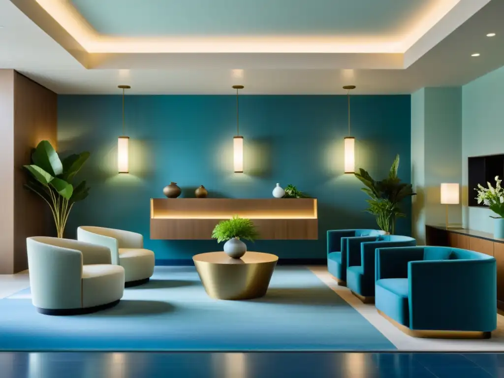 Zona común de hotel con diseño minimalista y armonioso, siguiendo principios de Feng Shui